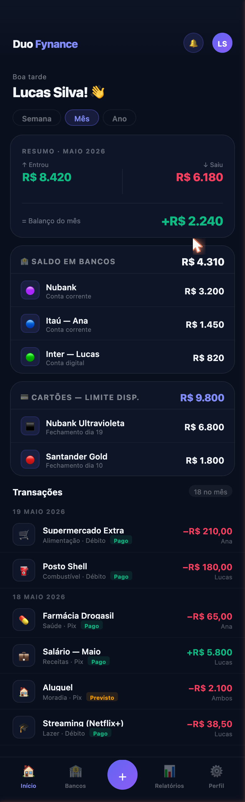 Dashboard do Duo Fynance — visão geral das finanças